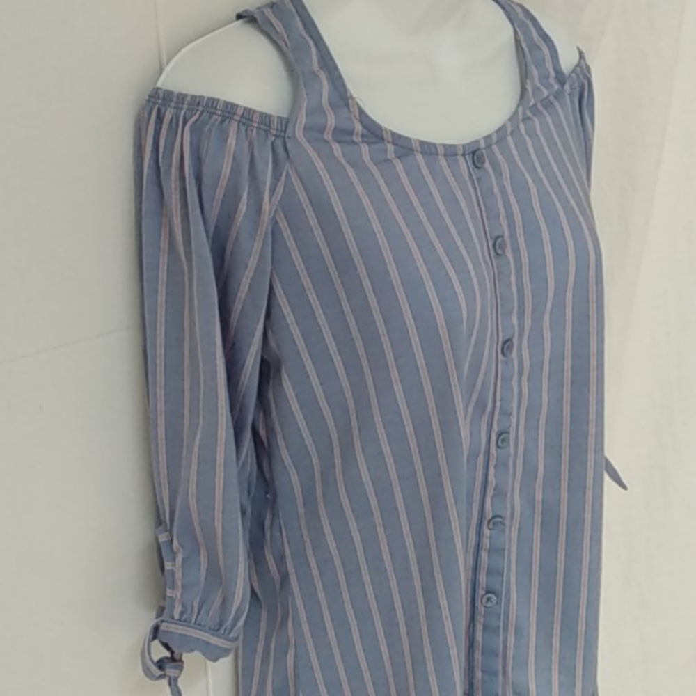 French Laundry Blue and White Striped Cold-Shoulder Button-Front Top